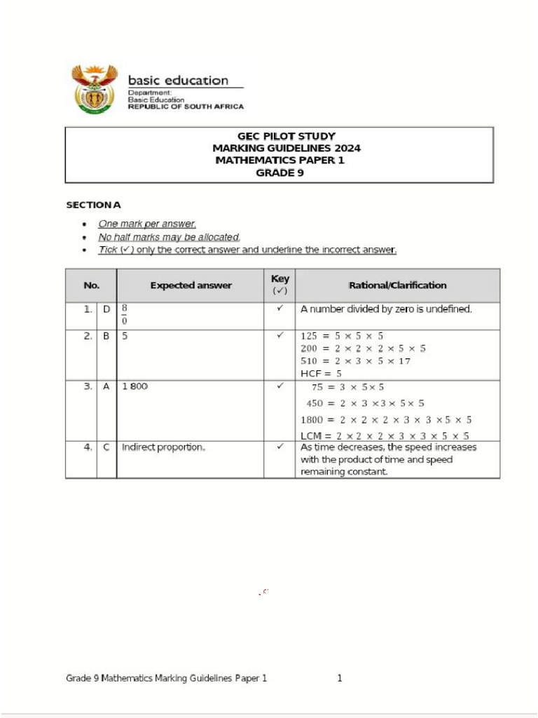 Gec Math Grade 9 Memo | PDF