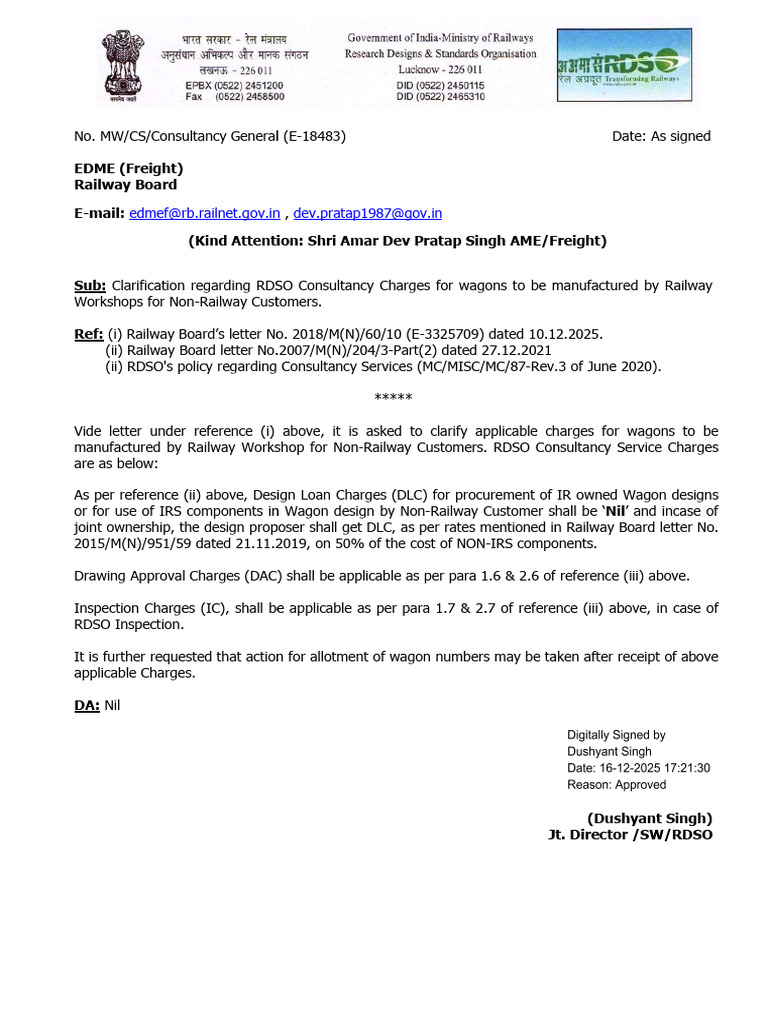 RDSO Consultancy Charges for Wagons | PDF