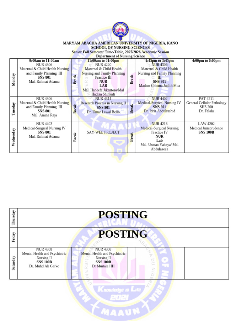 Senior Sns 2025-2026 Fall Timetable | PDF | Nursing | Health Care