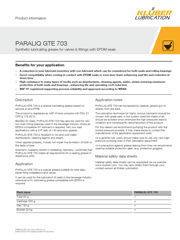 PARALIQ GTE 703: EPDM-Compatible Grease | PDF | Bearing (Mechanical ...