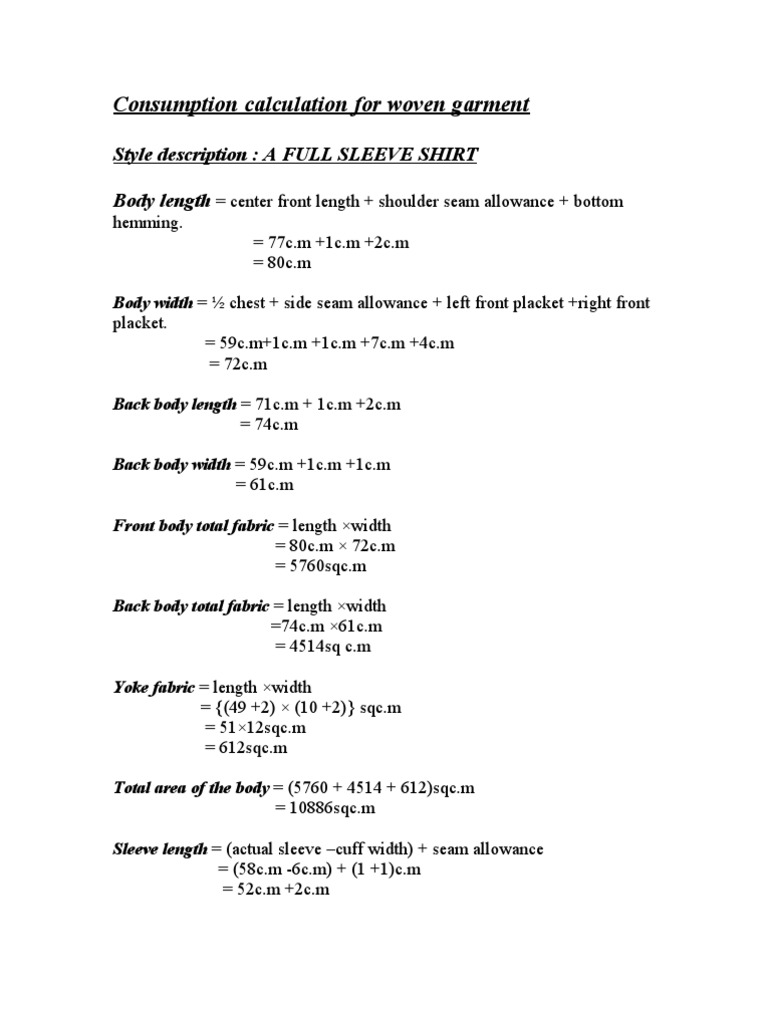 Consumption Calculation For Woven Garment PDF Seam (Sewing) Shirt