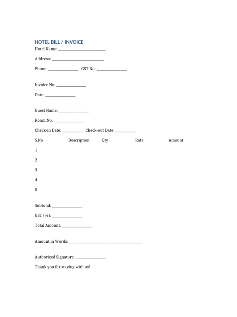Hotel Invoice Template for Guests | PDF