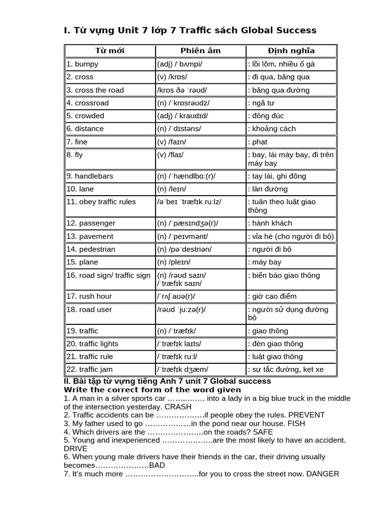 Tu Vung Unit 7 - Traffic | PDF