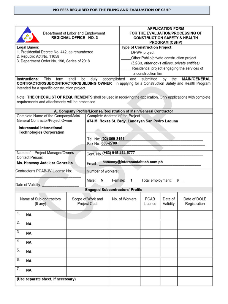 CSHP Application Form - No Fees Required | PDF | First Aid