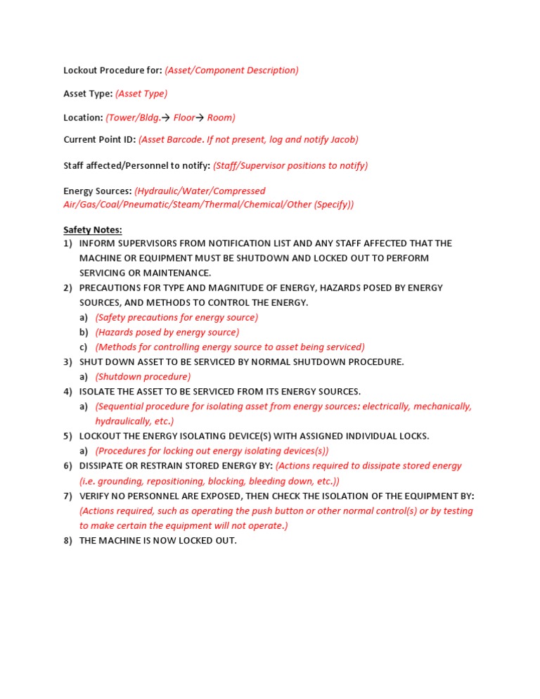 Lockout Tagout Procedure Template | PDF