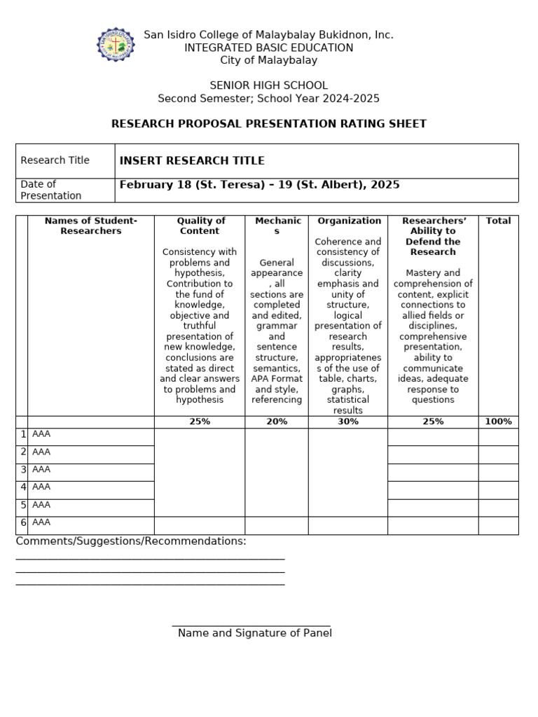 Senior High School Research Proposal Rating Sheet | PDF | Knowledge ...