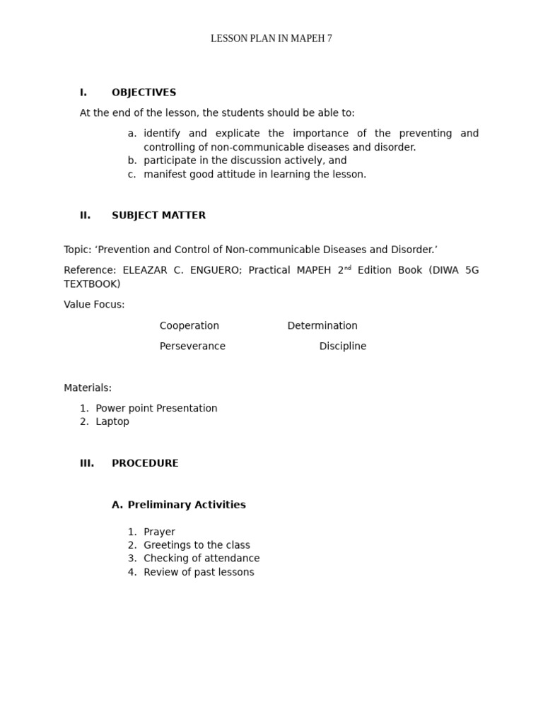 MAPEH 7 Lesson Plan: NCD Prevention | PDF | Non Communicable Disease ...