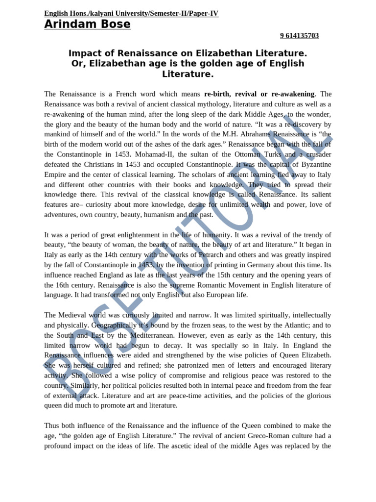 Renaissance's Impact on Elizabethan Literature | PDF | Renaissance | Poetry
