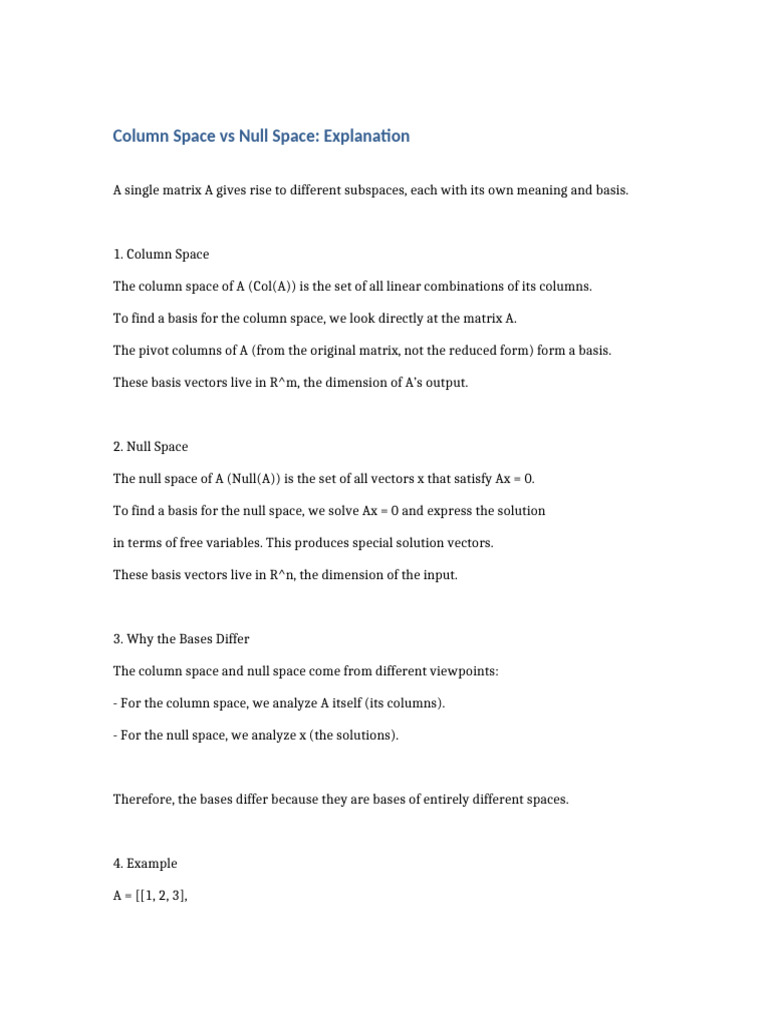 Column Space vs Null Space Explained | PDF