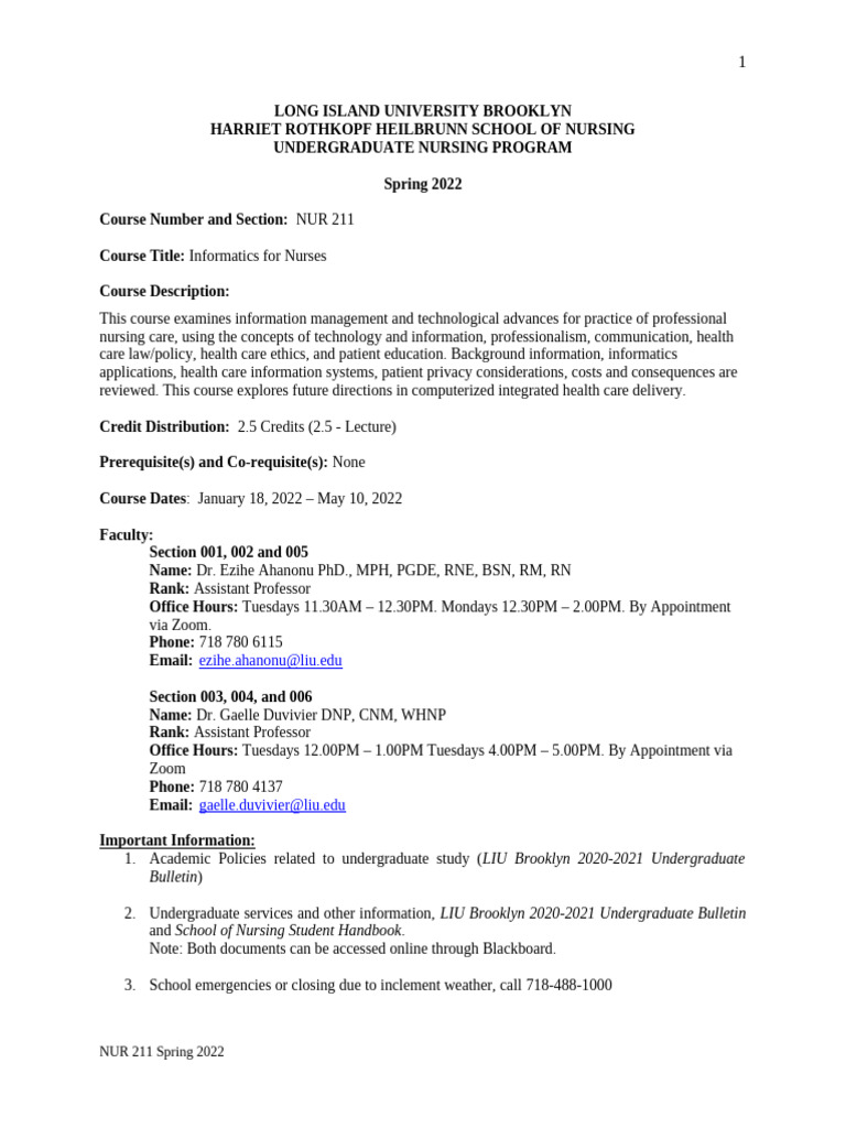 NUR 211 Spring 2022 Course Outline(2) | PDF | Plagiarism | Disability
