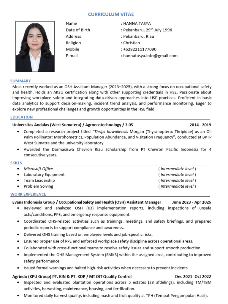 Occupational Safety and Health CV | PDF | Occupational Safety And Health
