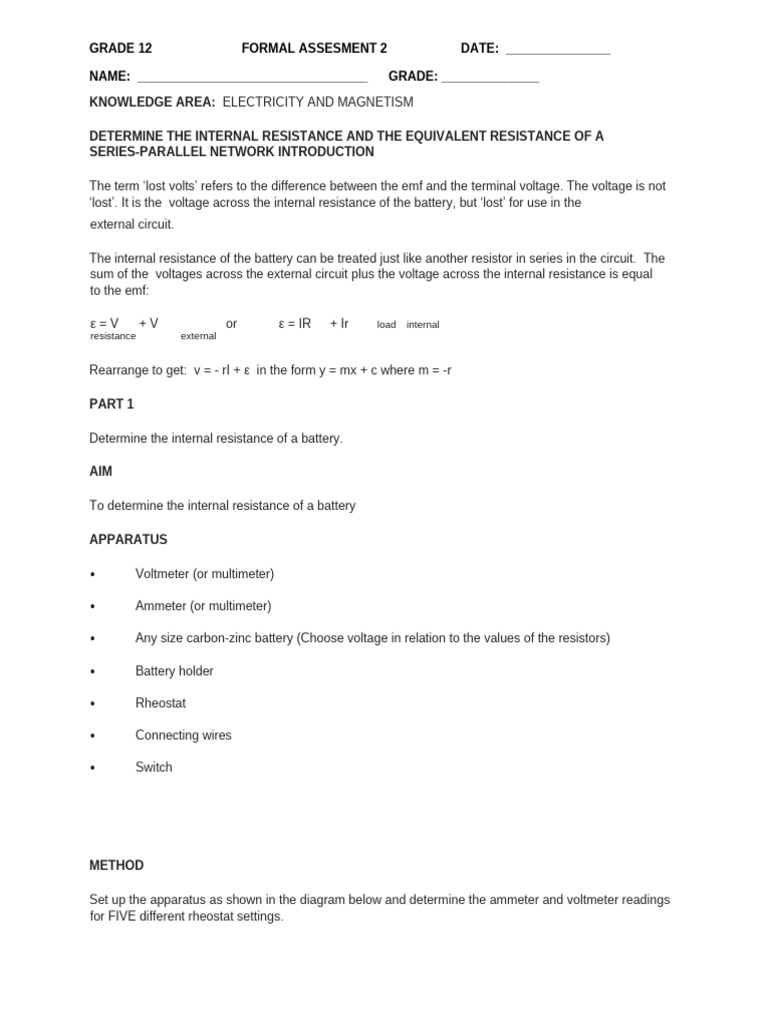 Internal Resistance & Equivalent Resistance Lab | PDF | Voltage | Resistor