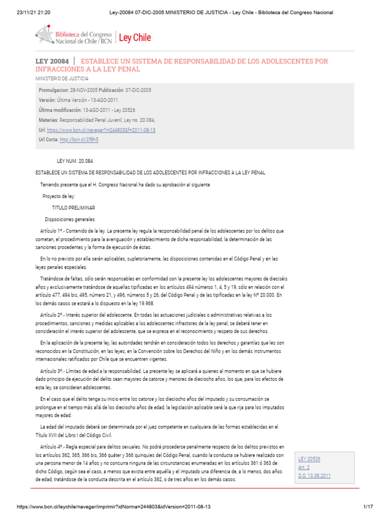 Ley 20526 - Responsabilidad Penal Adolescente | PDF | Fiscal | Multa (pena)
