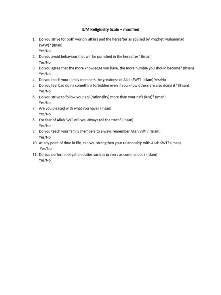 Modified IUM Religiosity Scale Questionnaire | PDF