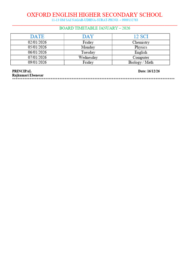 January 2026 Board Timetable OXFORD SCHOOL | PDF