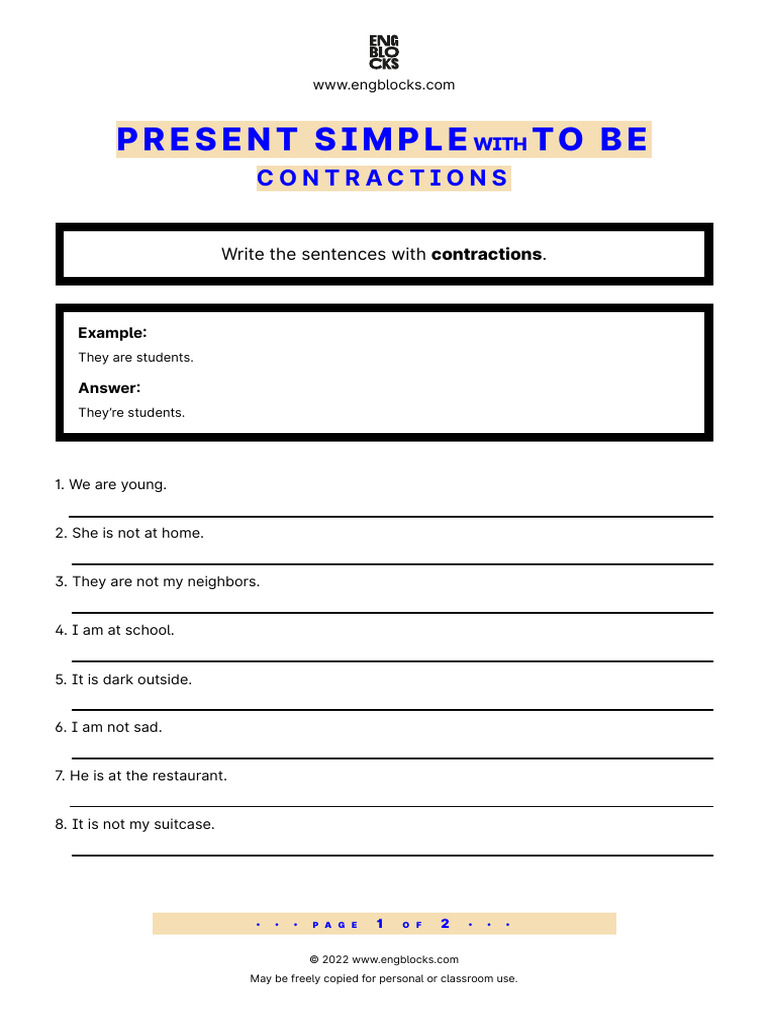 Contractions Verb To Be Present - Exercise | PDF