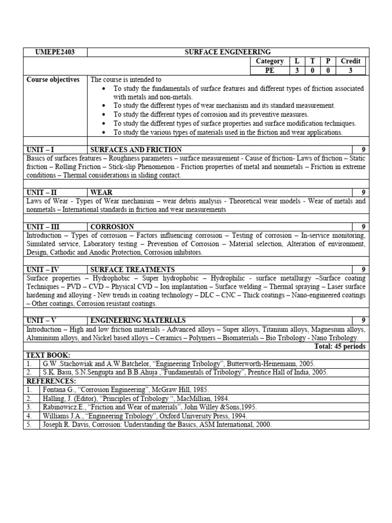 Surface Engineering Course Overview | PDF | Corrosion | Wear