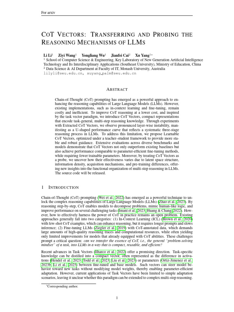 CoT Vectors - Transferring and Probing the Reasoning Mechanisms of LLMs ...