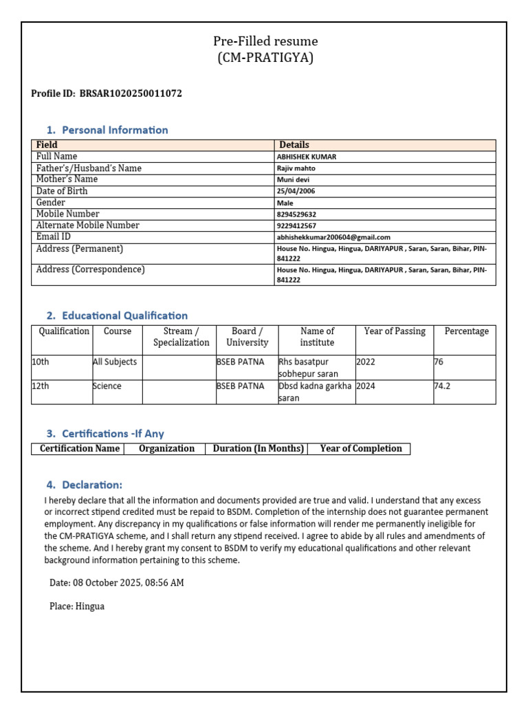 Pre-Filled Resume for Abhishek Kumar | PDF