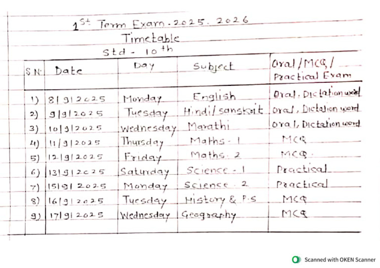 1st Term Exam 2025-2026timetable | PDF