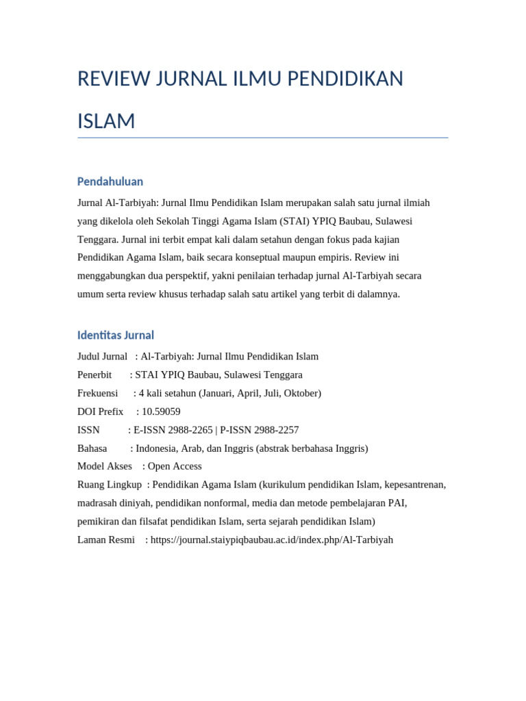 Review Jurnal Al-Tarbiyah Pendidikan Islam | PDF