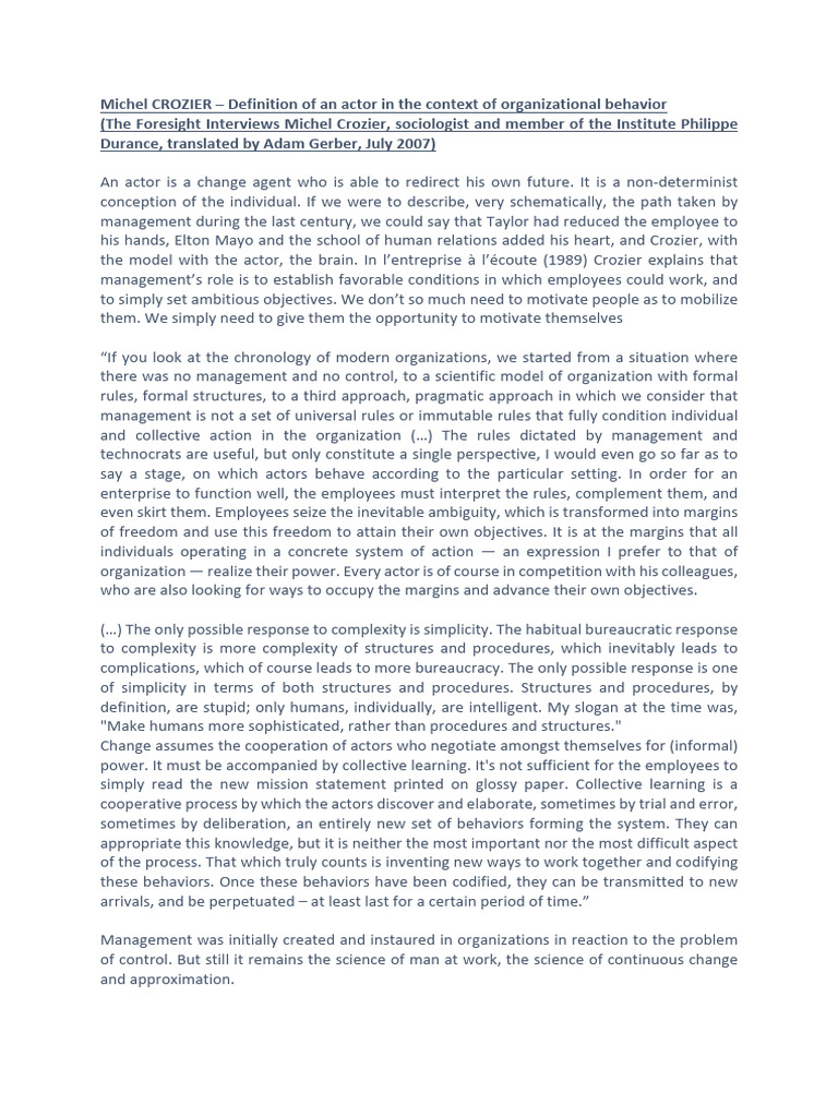 Understanding Crozier's Actor Model in Management | PDF | Behavioural ...