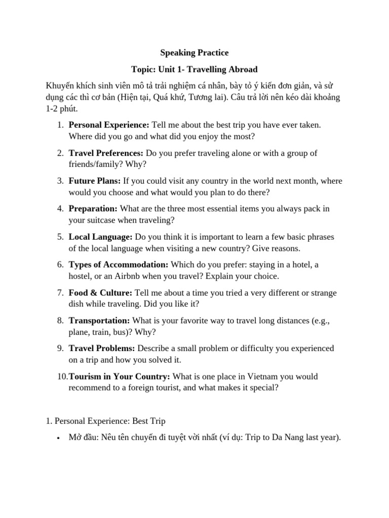 Speaking Practice: Travel Experiences | PDF | Vietnam