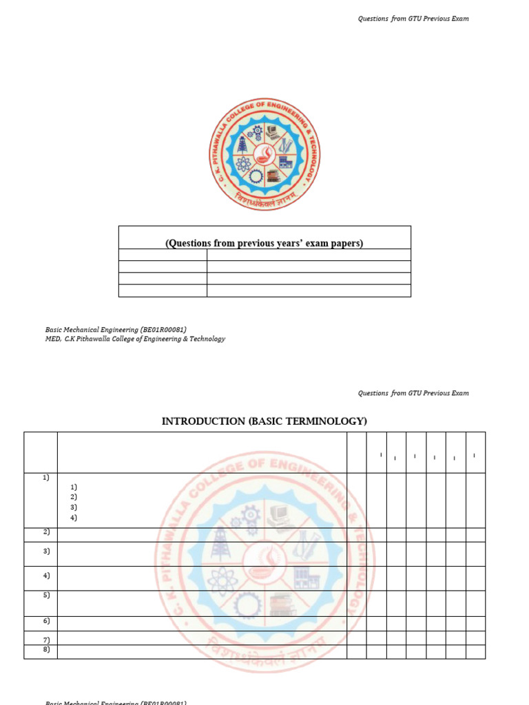 GTU Exam Questions: Basic Mechanical Engineering | PDF | Gases | Heat