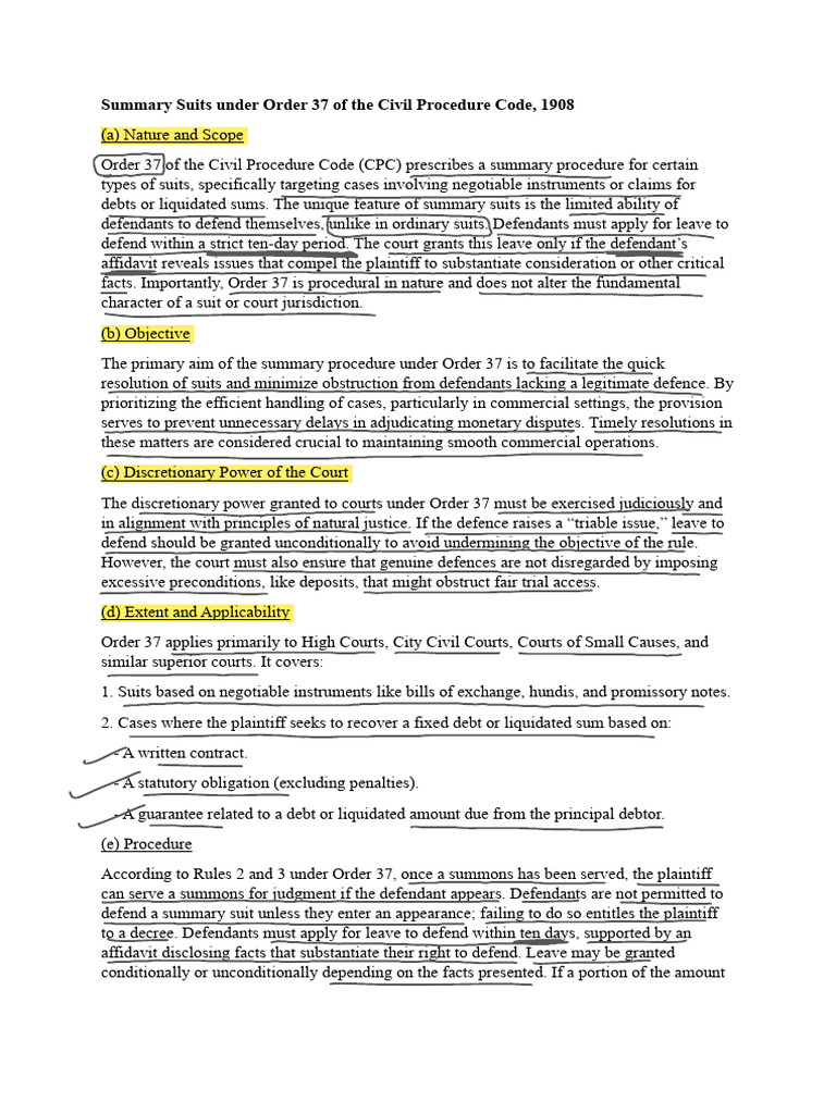 Summary of Order 37 CPC Procedures | PDF | Lawsuit | Summary Judgment