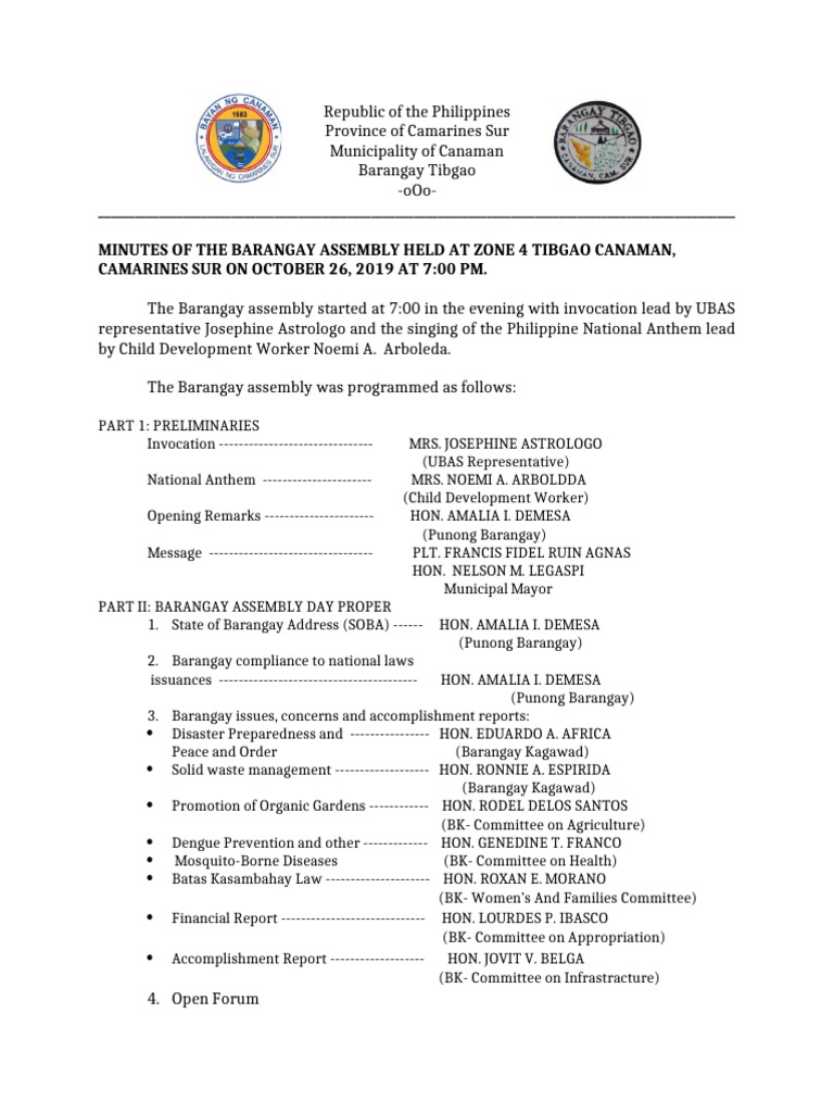 Barangay Assembly Minutes - Tibgao 2019 | PDF