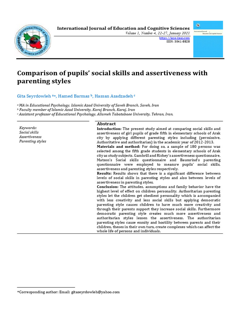Comparison of Pupils' Social Skills and Assertiveness With Parenting ...