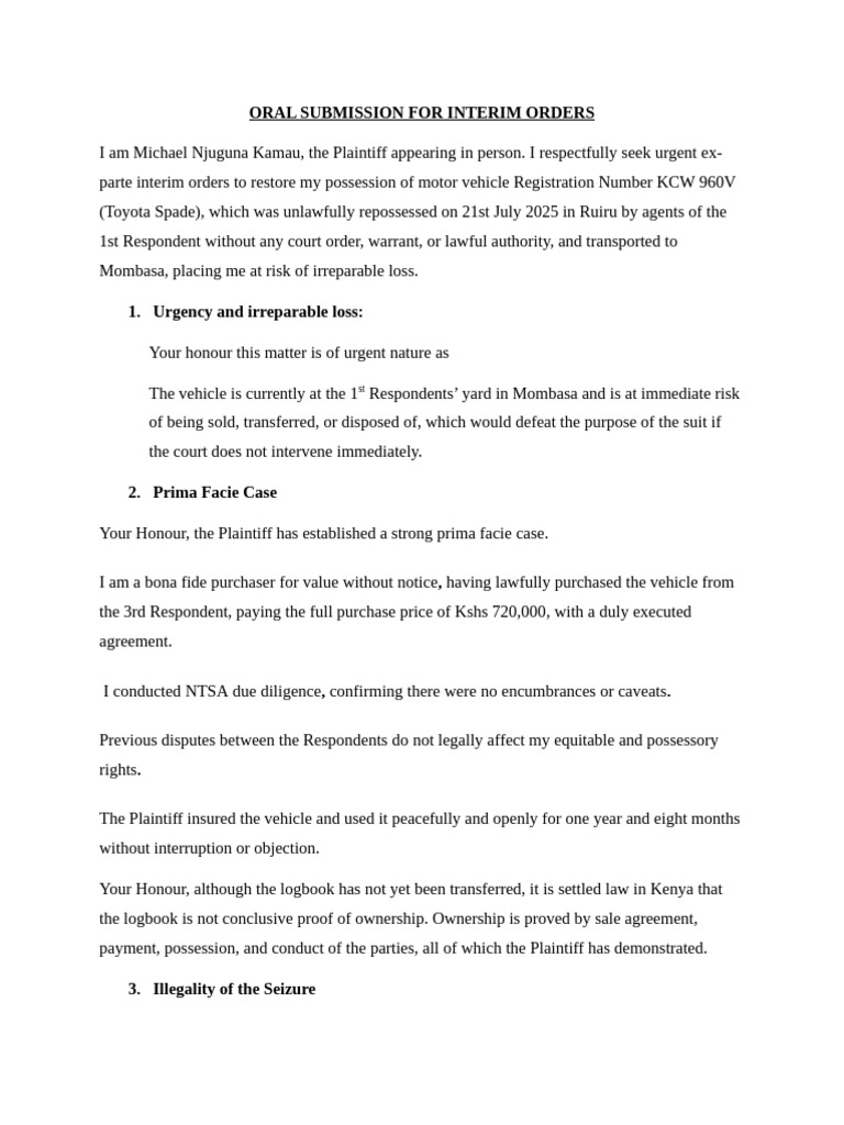 Urgent Interim Orders for Vehicle Repossession | PDF | Injunction ...