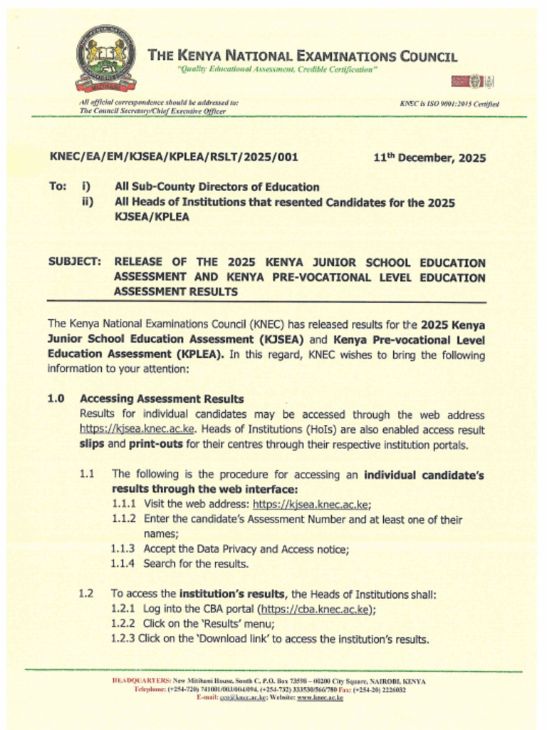 Release of The 2025 Kenya Junior School Education Assessment and Kenya ...