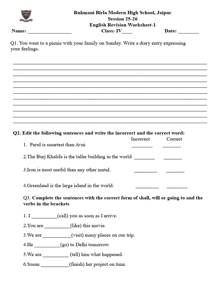 Revision Worksheet Class 4 PA-3 | PDF | Linguistics | Syntax