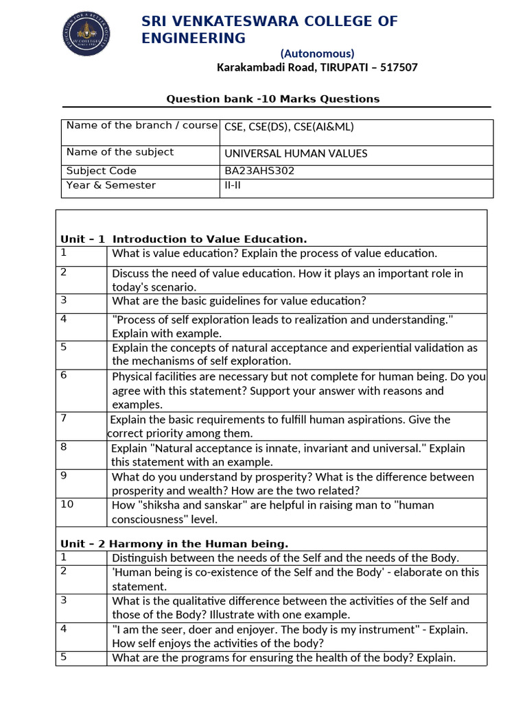 Universal Human Values Question Bank | PDF