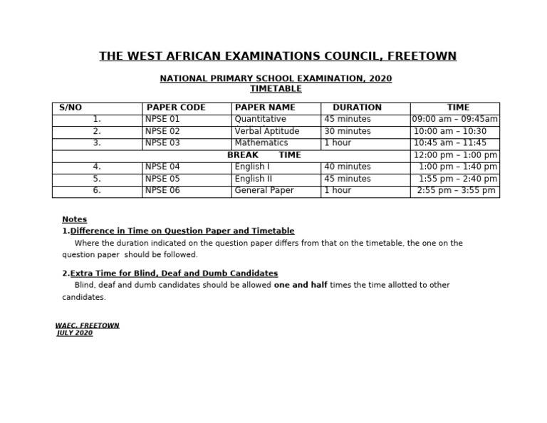 2020 NPSE Timetable for Freetown | PDF