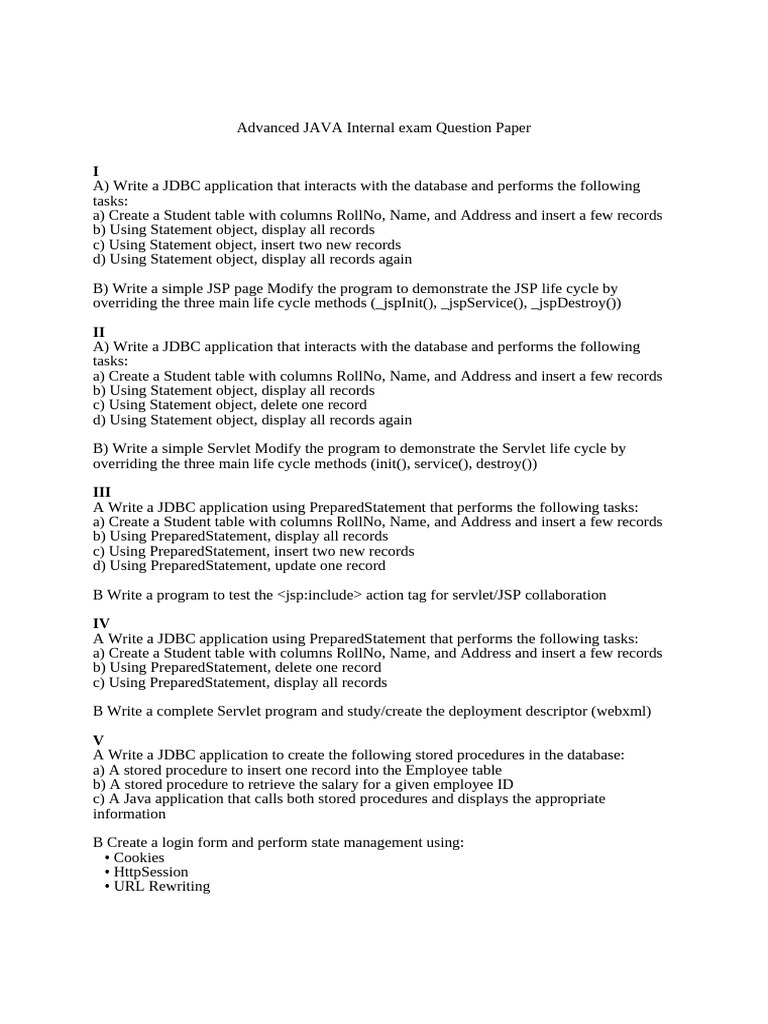 Advanced Java JDBC and JSP Exam Questions | PDF | Databases | Computing