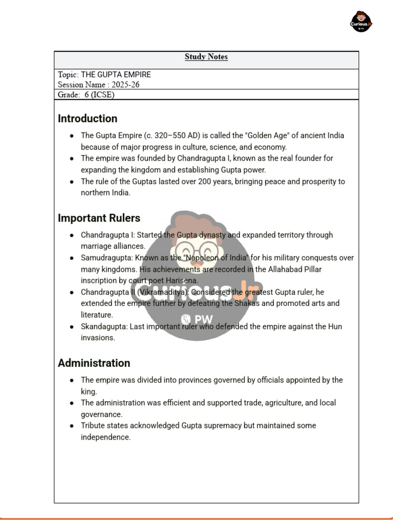 Gupta Empire Study Notes for Grade 6 | PDF