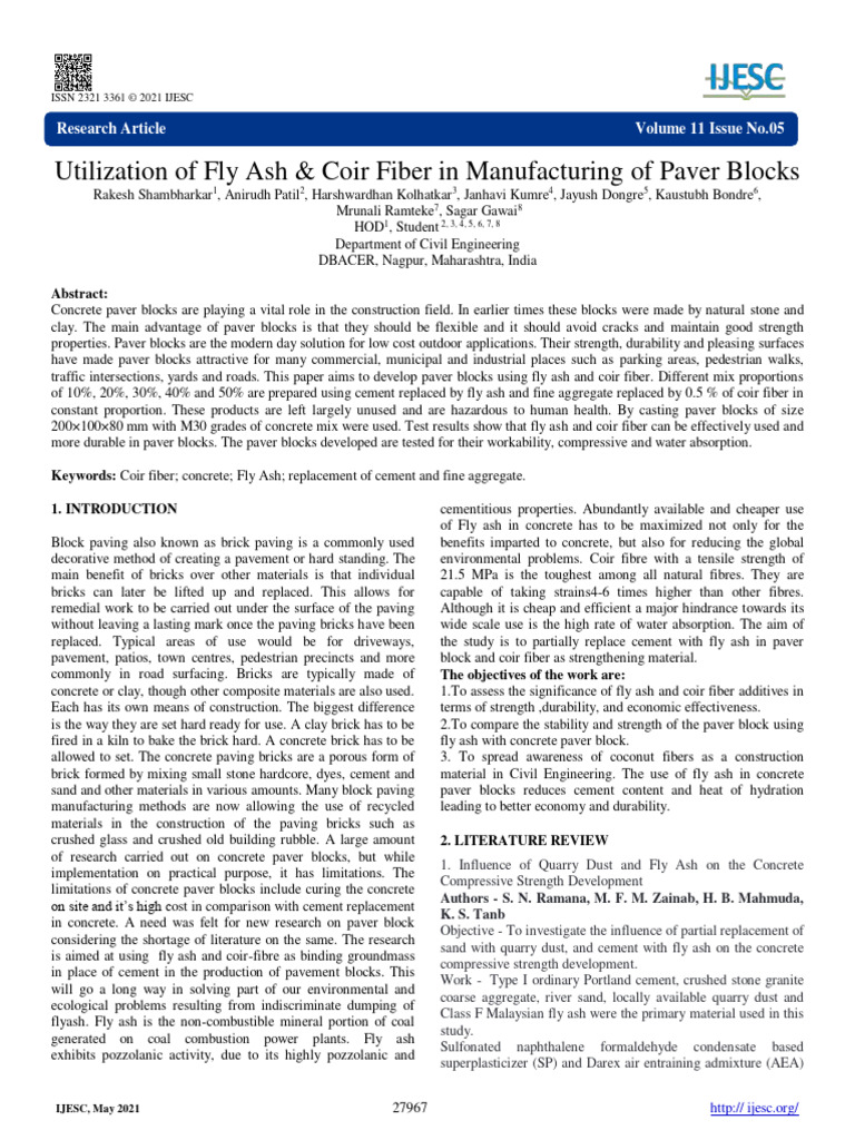 Utilization of Fly Ash and Coir Fiber In | PDF | Concrete | Cement