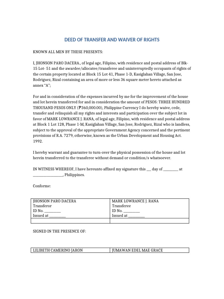 Deed of Transfer and Waiver of Rights | PDF