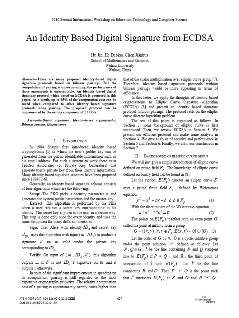 Identity-Based ECDSA Digital Signature | PDF | Public Key Cryptography ...
