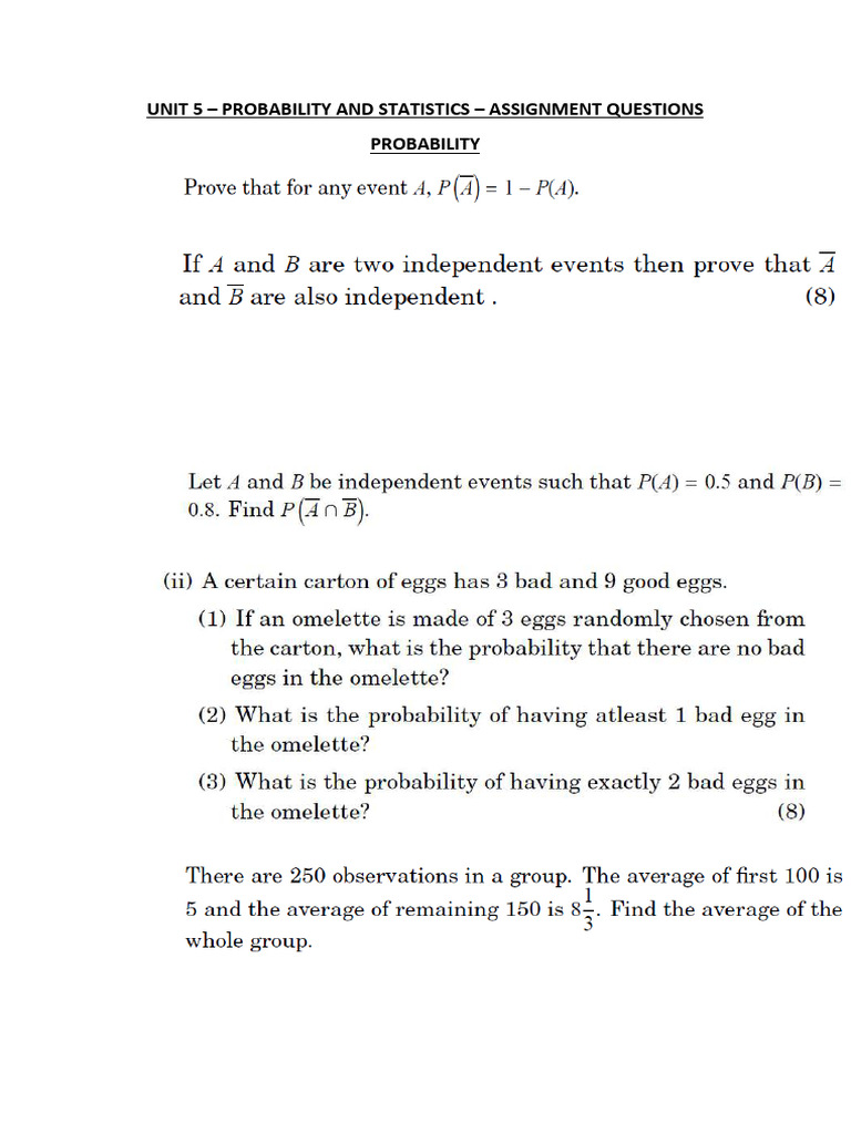 Probability and Statistics Assignment Questions | PDF | Mean | Probability