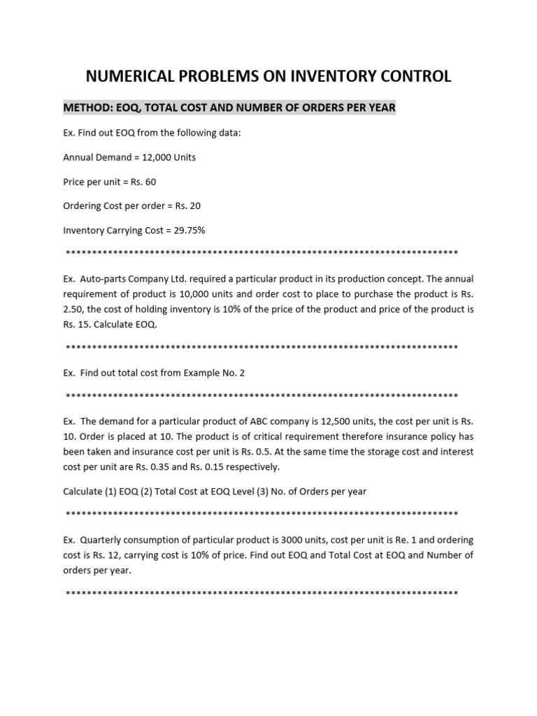 Inventory Control Numericals | PDF | Economies | Production And ...