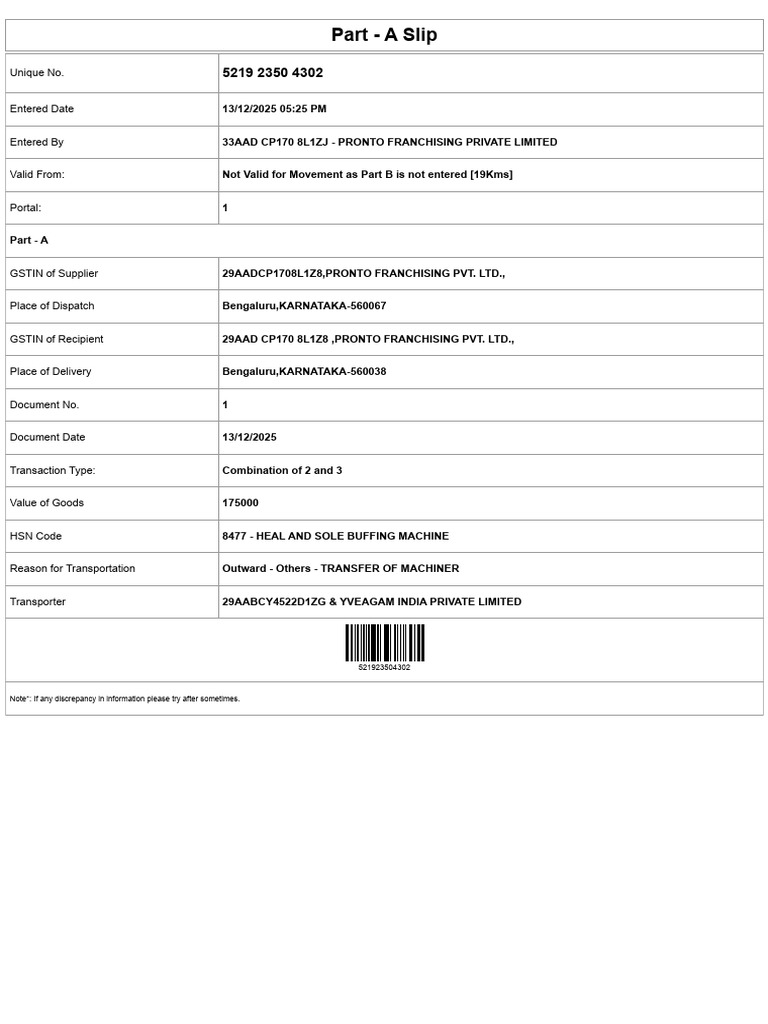 GST Part A Slip for Machinery Transfer | PDF