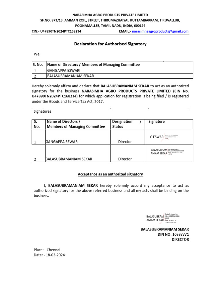 Authorized Signatory Declaration for NAPPL | PDF