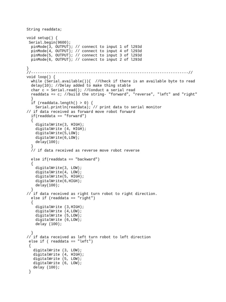 Arduino Robot Control Code | PDF