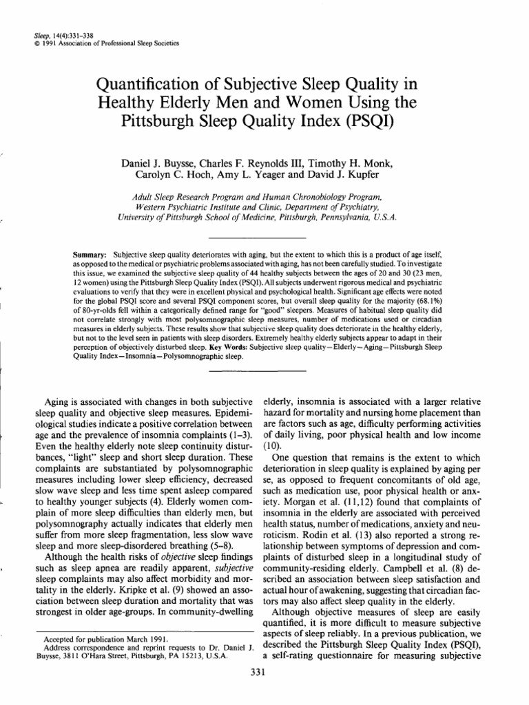 Subjective Sleep Quality in Healthy Elderly | PDF | Sleep | Insomnia