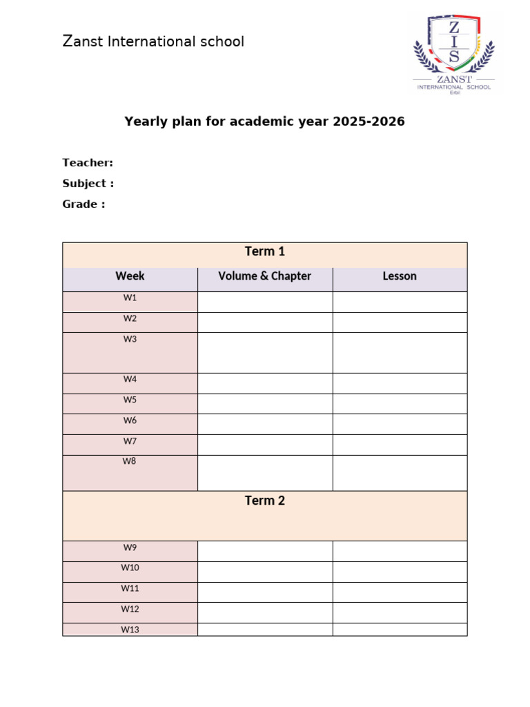Zanst International School Yearly Plan 2025-2026 | PDF