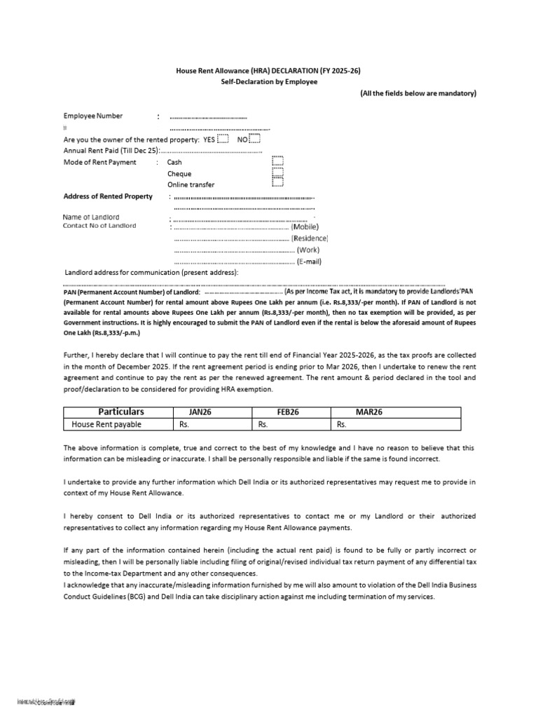 HRA Declaration Form for FY 2025-26 | PDF | Taxes | Taxation