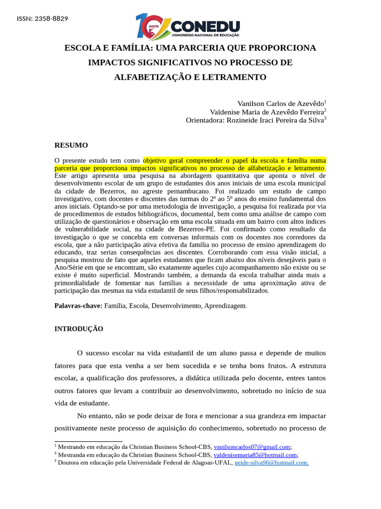 Impacto da Parceria Escola e Família na Alfabetização | PDF ...
